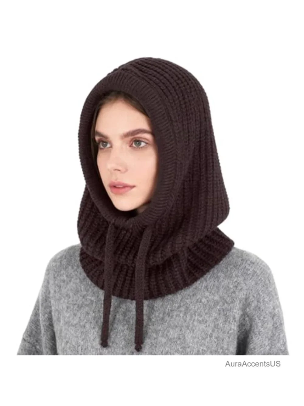 Women's Knit Balaclava Hood Hat Scarf Neck Gaiter with Drawstrings
